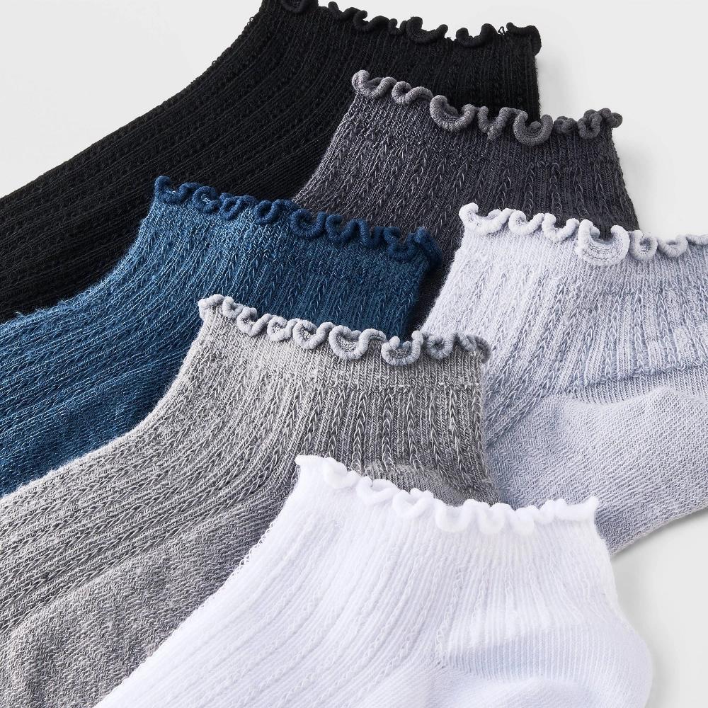 Women's Pointelle Lettuce Edge 6pk Low Cut Socks - A New Day™ White/Gray/Black 4-10: Recycled Polyester, Ruffle Trim, Tagless Product Image