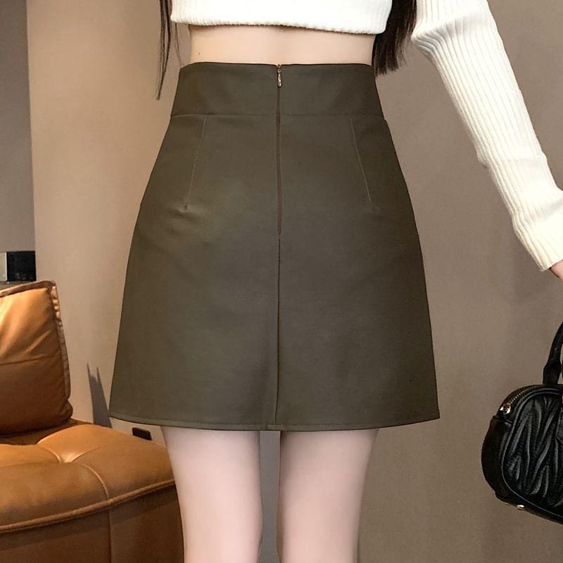 High Rise Plain Ruched Faux Leather Mini A-Line Skirt Product Image