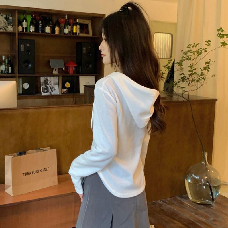 Long Sleeve Henley Plain Hood T-Shirt Product Image