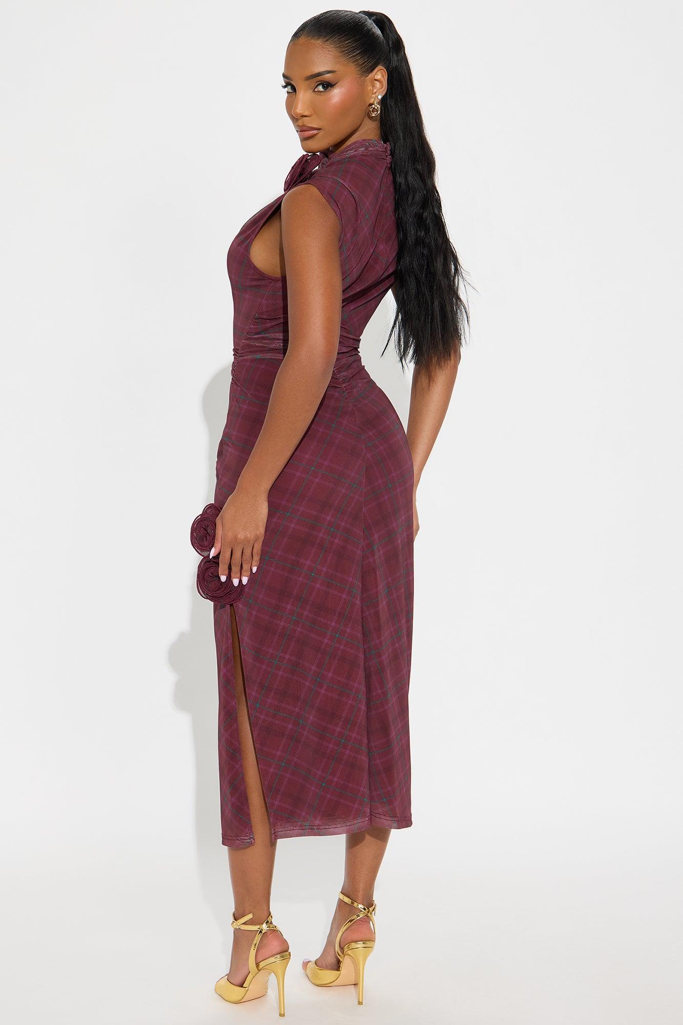 Rosie Ruched Plaid Mini Dress - Burgundy Product Image