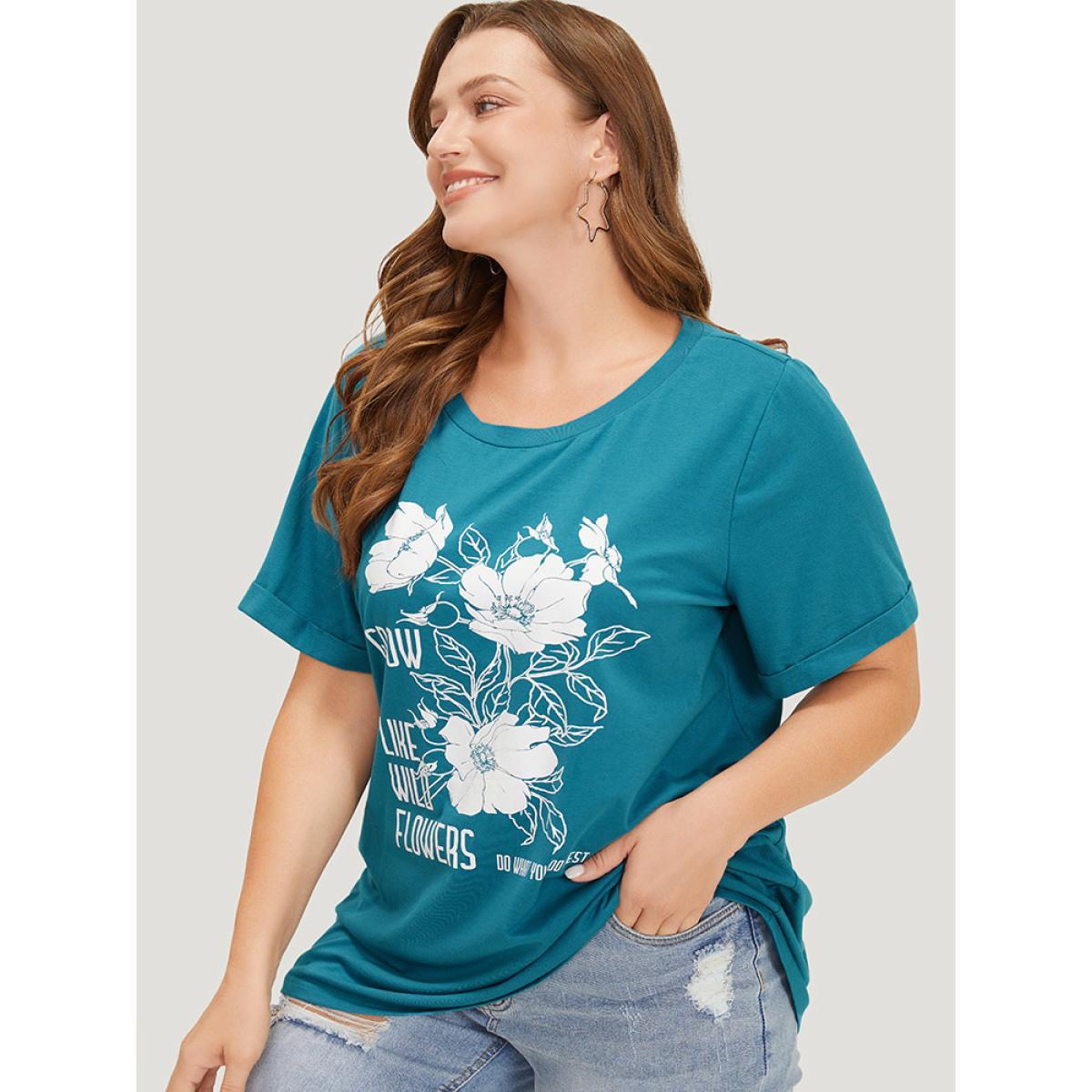 Plus Size Floral & Letter Roll Sleeve T-shirt Cerulean Women Casual Printed Natural Flowers Dailywear T-shirts BloomChic 18-20/2X Product Image