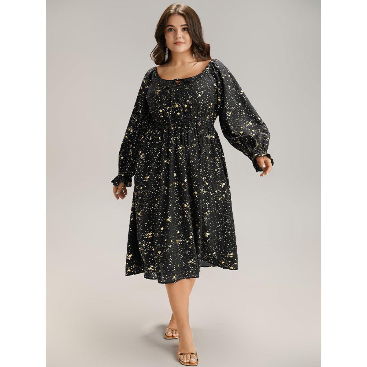 Plus Size Glitter Star Knot Neck Pocket Lantern Sleeve Dress Black Women Party Elastic cuffs Tie Neck Long Sleeve Curvy Midi Dress BloomChic 12/L Product Image