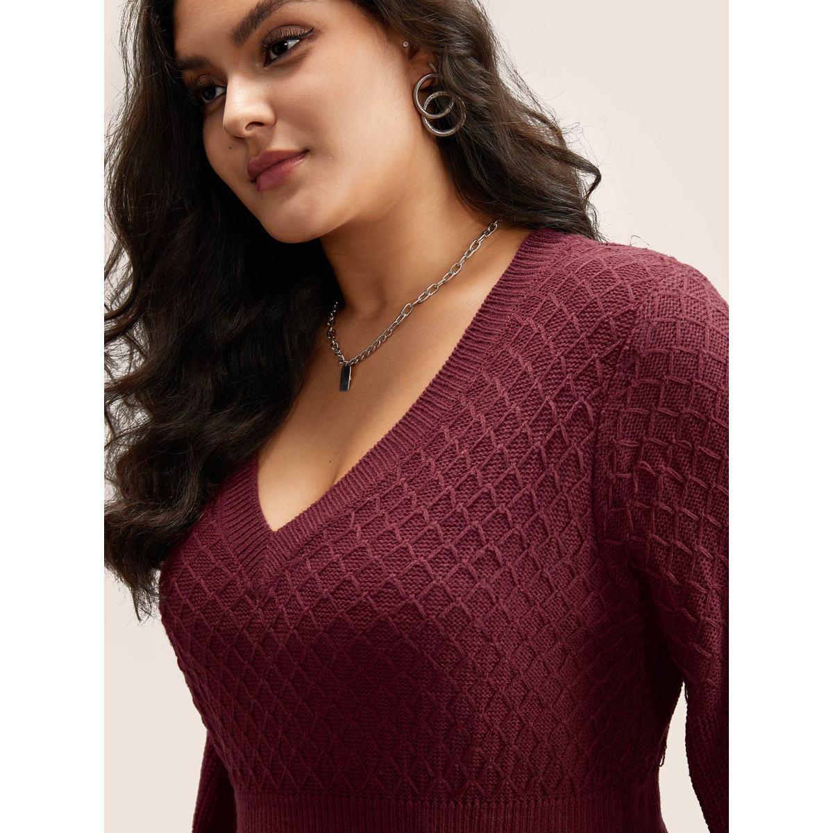 Plus Size Plain Plisse Lantern Sleeve A Line Pullover Moss Women Elegant Long Sleeve V-neck Everyday Pullovers BloomChic 18-20/2X Product Image
