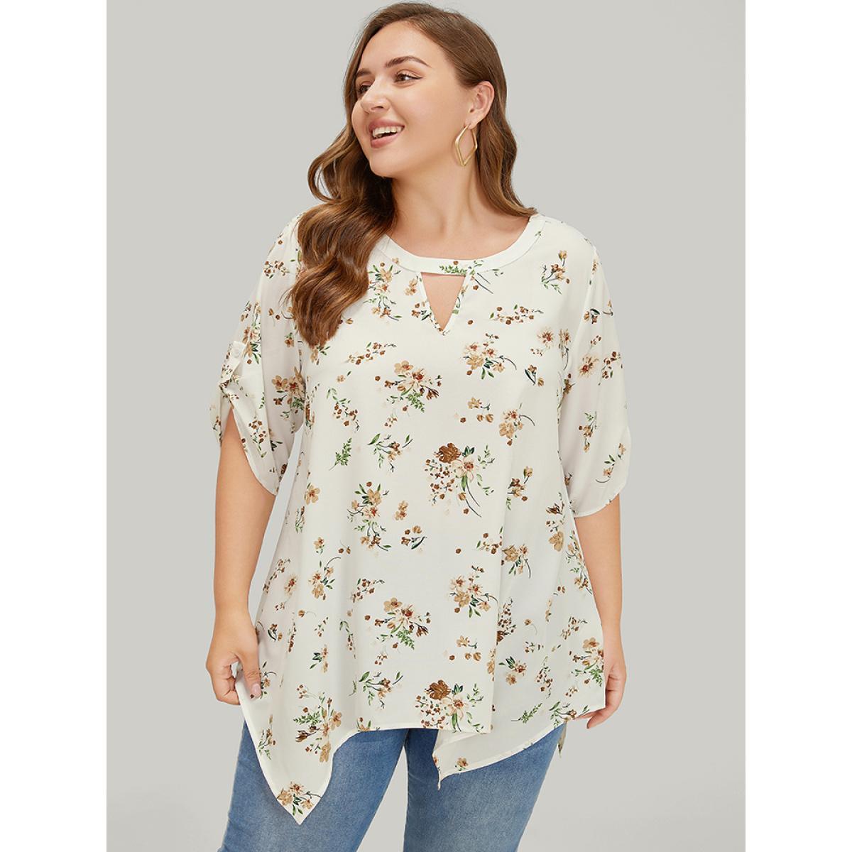 Plus Size White Floral Cuffed Sleeve Hanky Hem Keyhole Neck Blouse Women Elegant Half Sleeve V-neck Dailywear Blouses BloomChic 14-16/1X Product Image