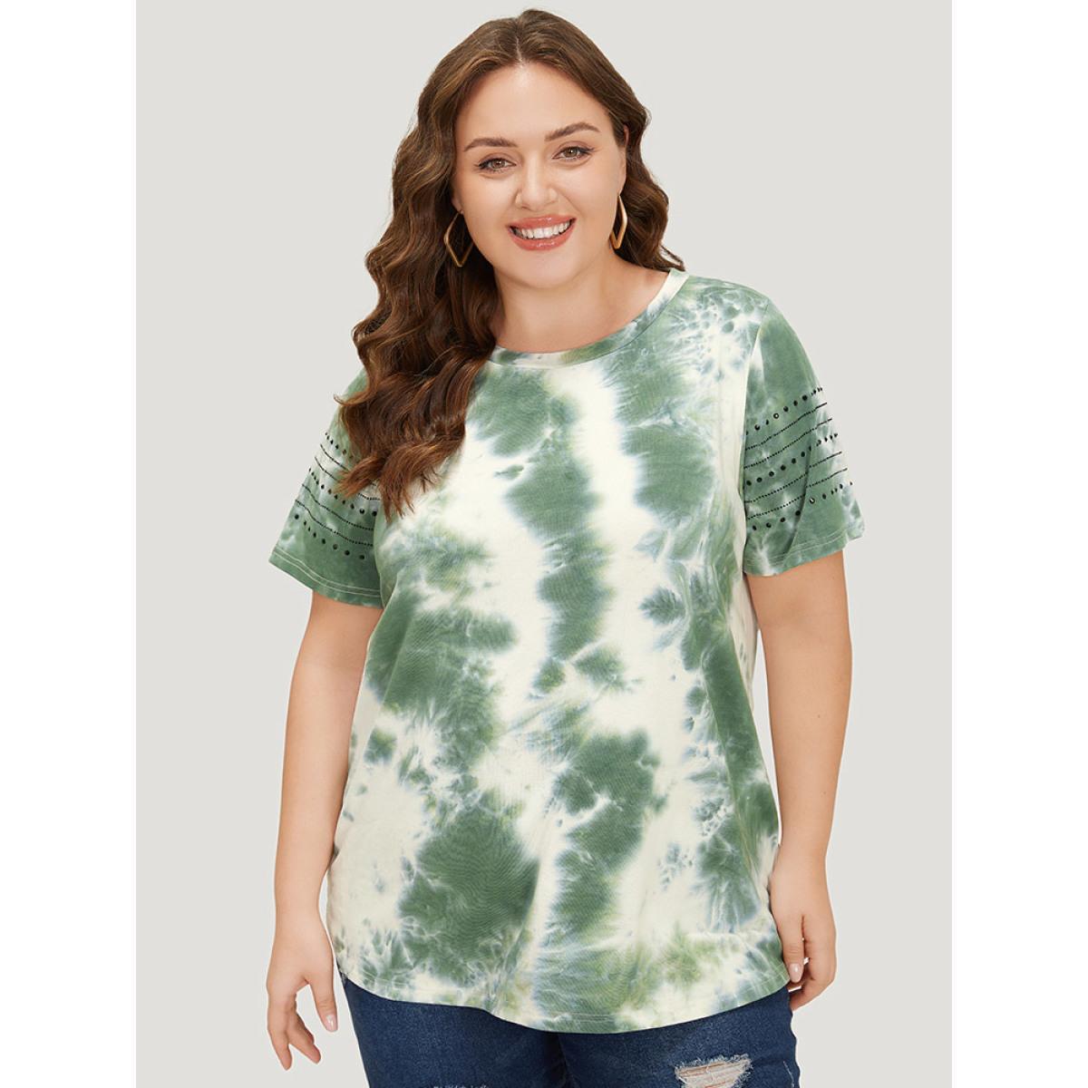 Plus Size Tie Dye Crew Neck Rivet Detail T-shirt Green Women Casual Tie Dye Round Neck Dailywear T-shirts BloomChic 22-24/3X Product Image