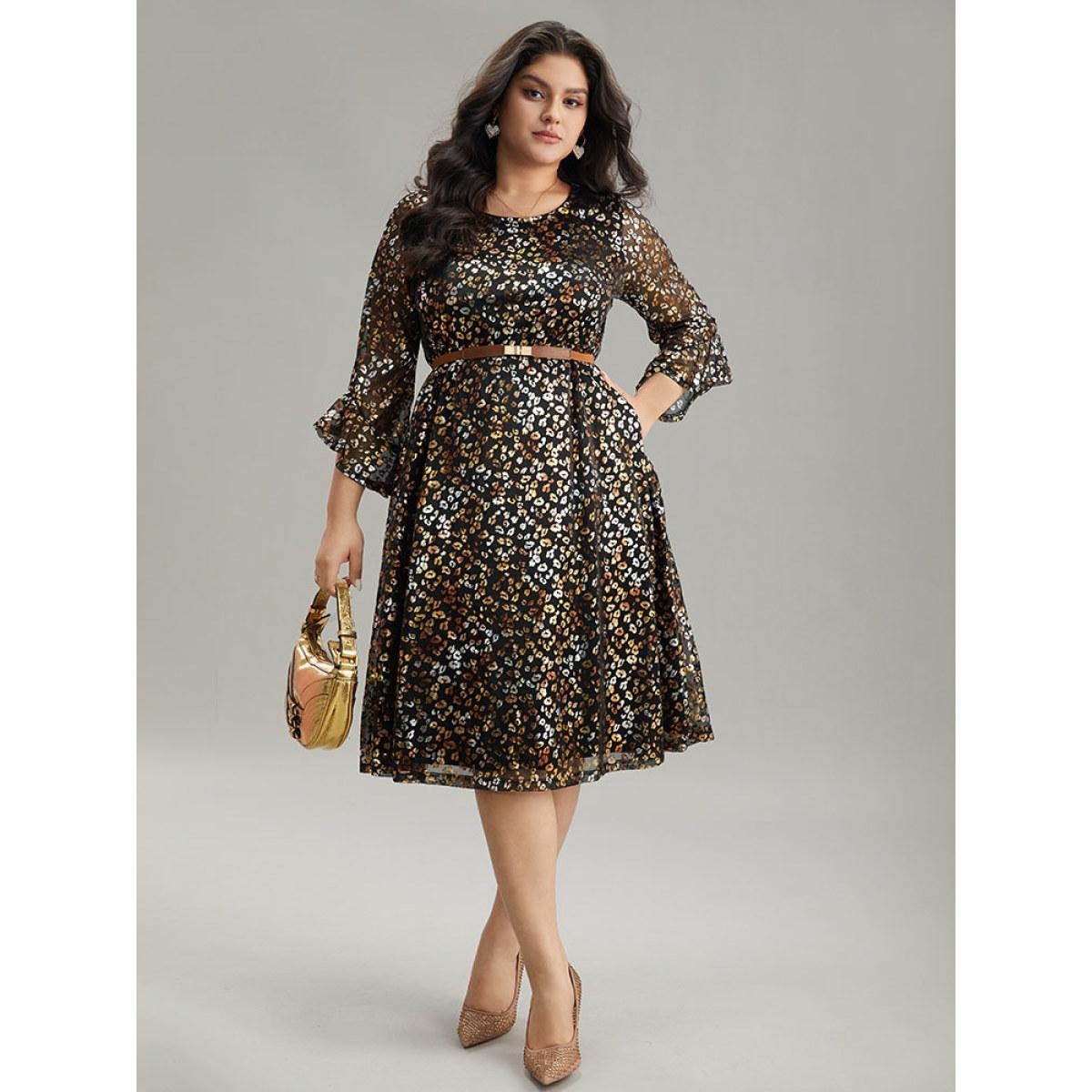Plus Size Leopard Glitter Bell Sleeve Mesh Dress Black Women Party See through Round Neck Elbow-length sleeve Curvy Midi Dress BloomChic 26/4X Product Image