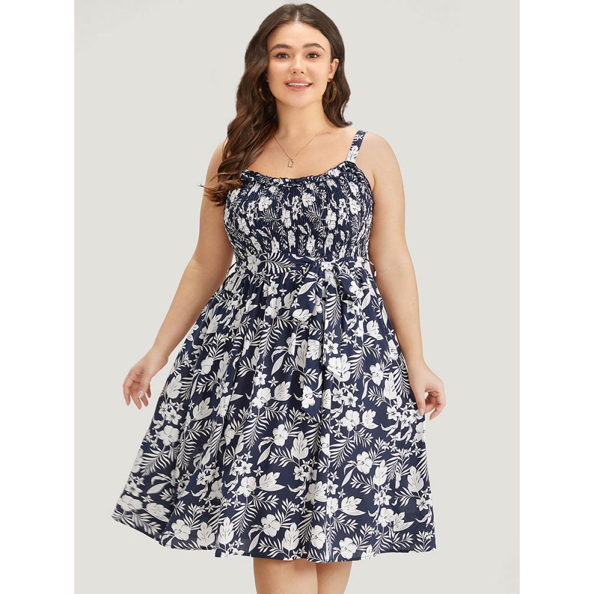 Plus Size Floral Print Spaghetti Strap Shirred Belted Pocket Dress DarkBlue Women Elegant Belted Spaghetti Strap Sleeveless Curvy Midi Dress BloomChic 10/M Product Image