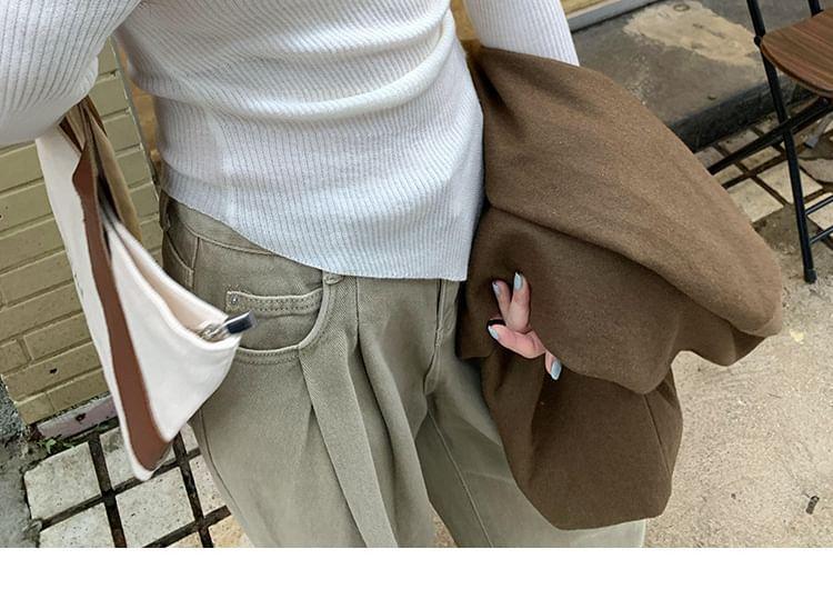 Long-Sleeve Crewneck Asymmetrical Plain Knit Top Product Image