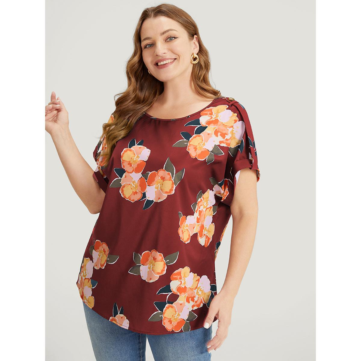 Plus Size Burgundy Floral Printed Roll Tab Sleeve Blouse Women Elegant Short sleeve Round Neck Dailywear Blouses BloomChic 28/5X Product Image