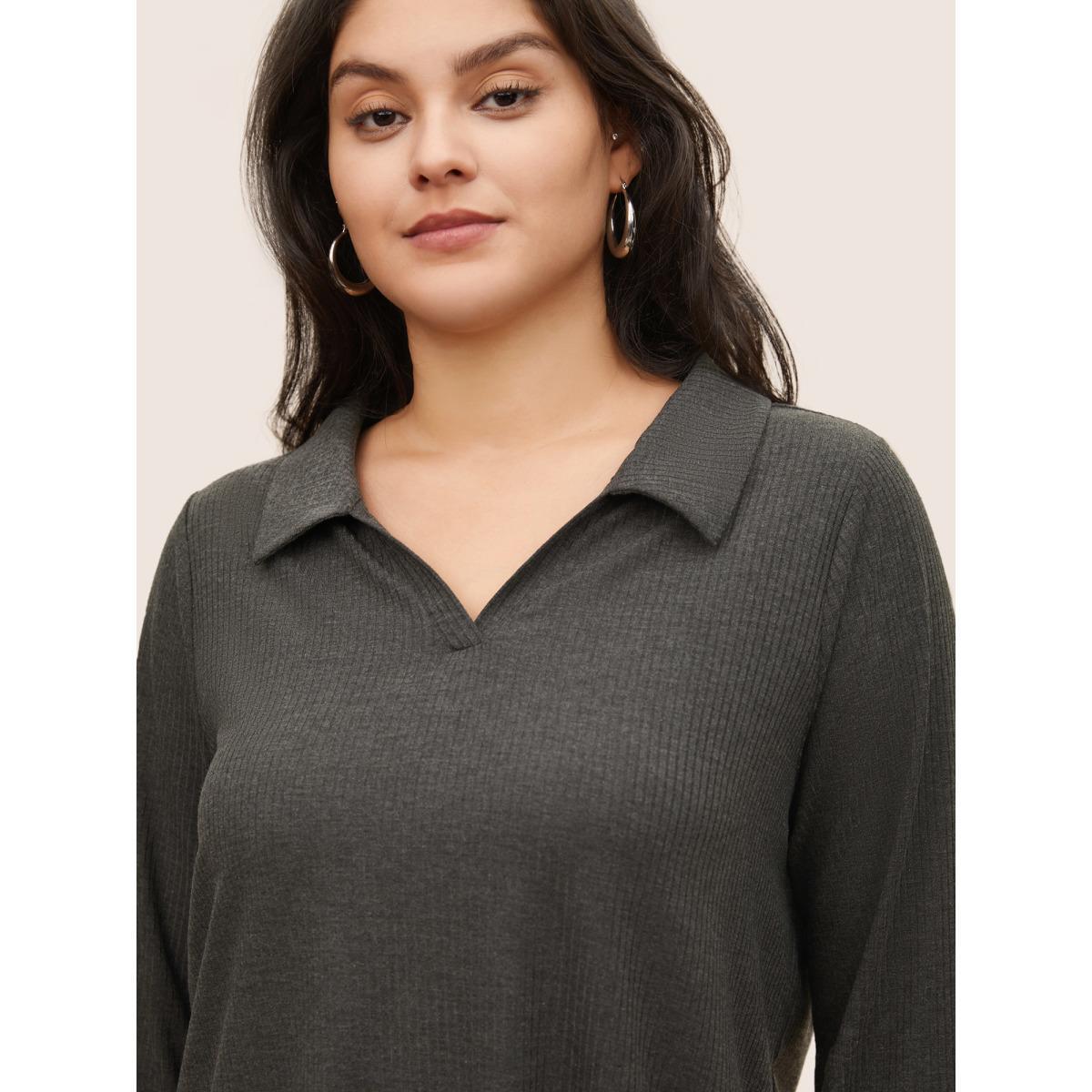Plus Size Plain Lapel Collar Rib Knit T-shirt DimGray Women Casual Non Plain Lapel Collar Everyday T-shirts BloomChic 26/4X Product Image
