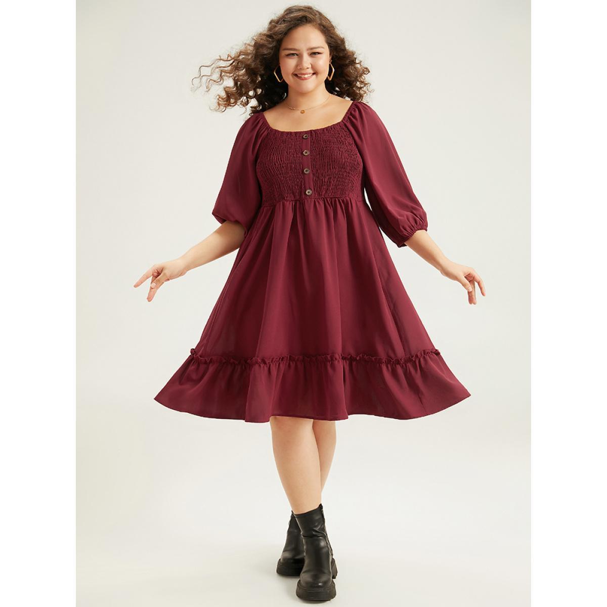 Plus Size Shirred Pocket Button Detail Frill Trim Dress Burgundy Women Casual Elastic cuffs Square Neck Elbow-length sleeve Curvy Knee Dress BloomChic 28/5X Product Image
