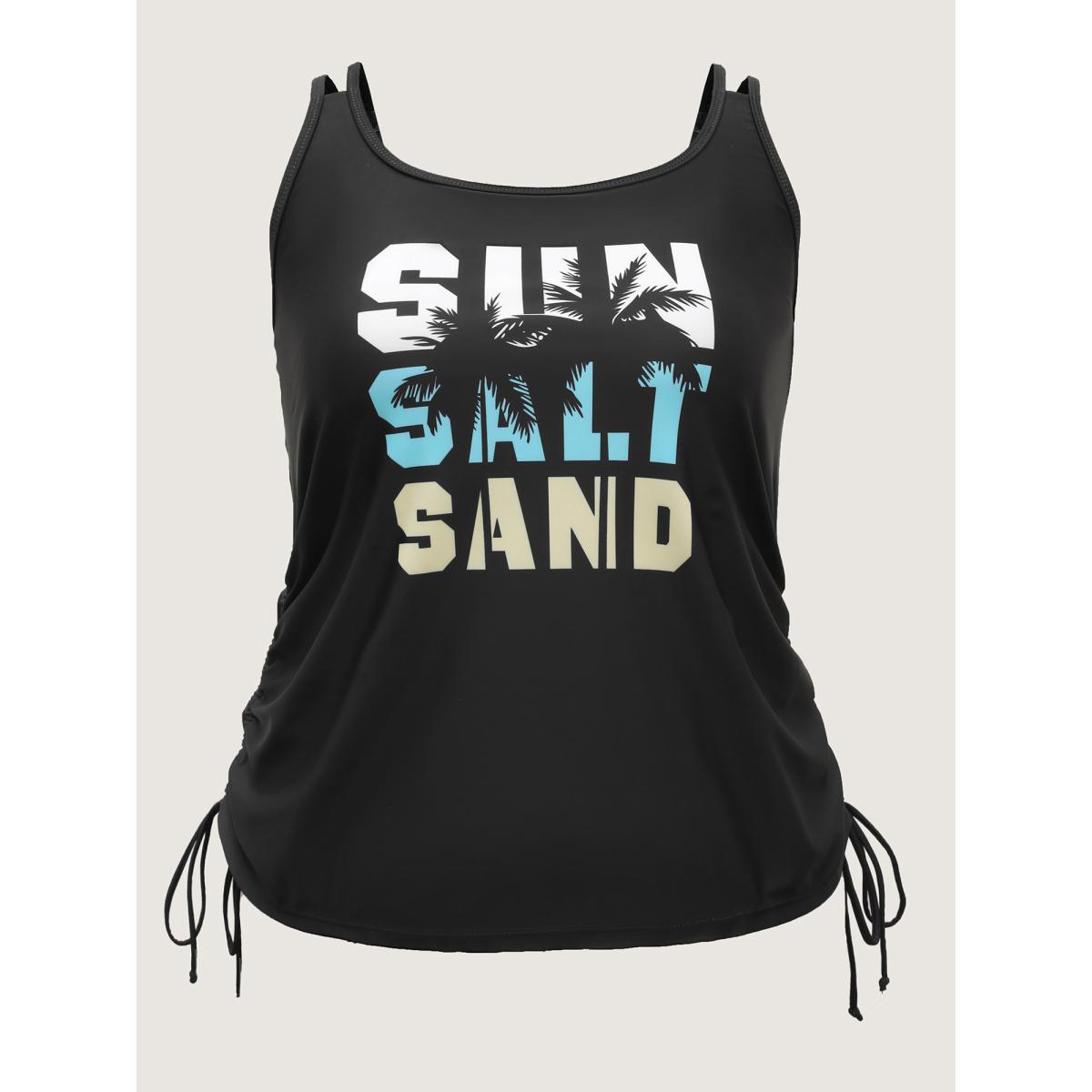 Plus Size Sun Salt Sand Print Swim Top Women's Swimwear Black Beach Drawstring High stretch Bodycon U-neck Curve Swim Tops BloomChic 28/5X Product Image