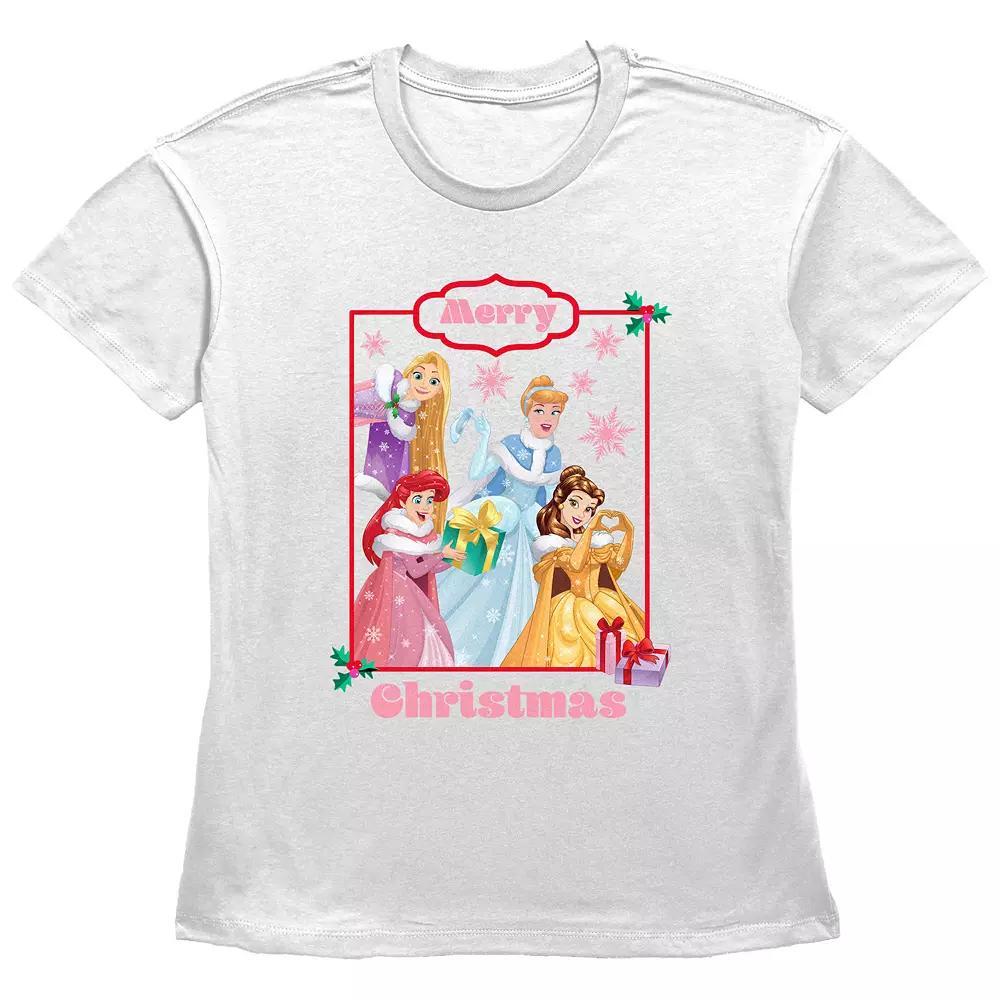 Disney Princess Rapunzel, Cinderella, Ariel & Belle Merry Christmas Women's Graphic Tee, Size: XL, White Product Image