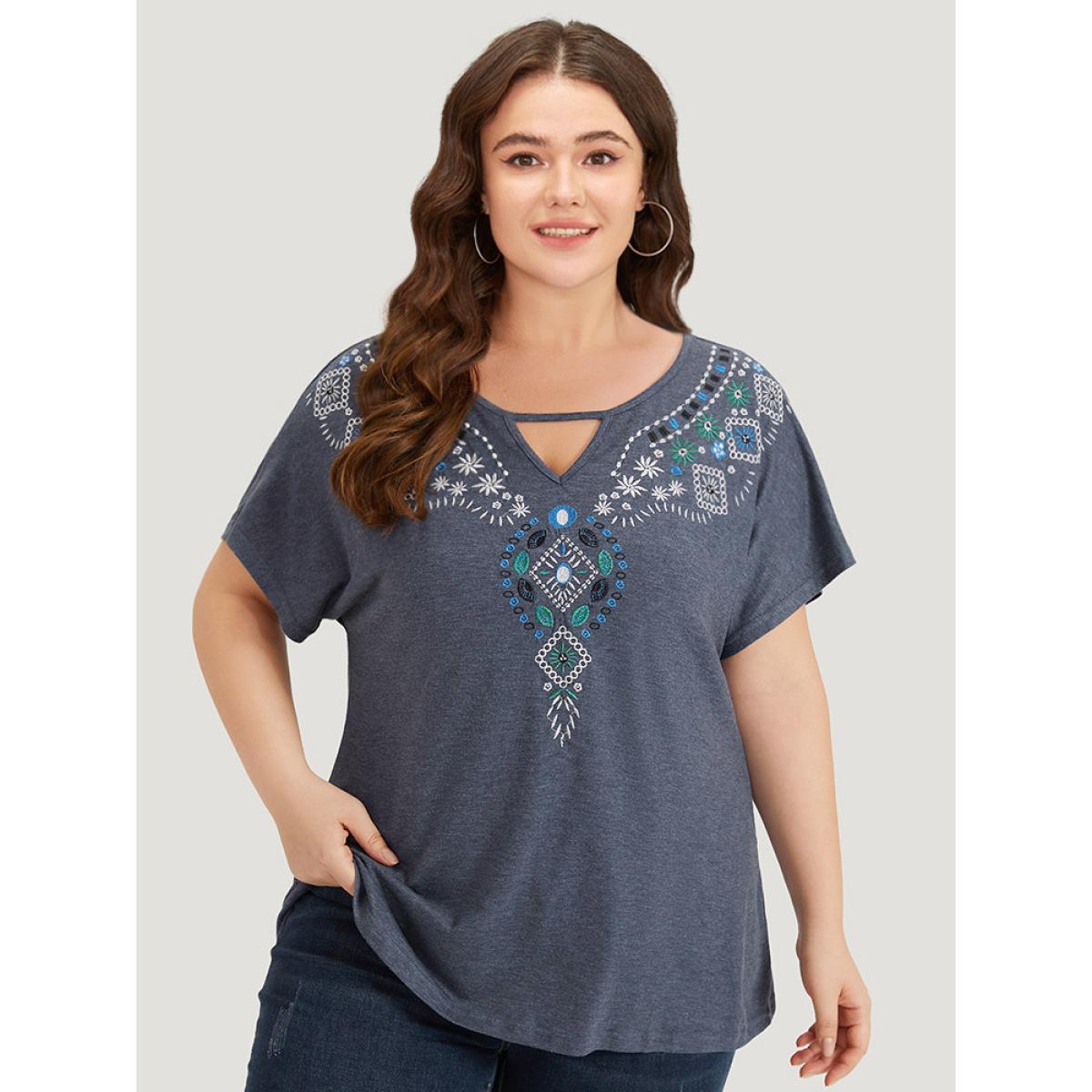 Plus Size Floral Embroidered Keyhole Dolman Sleeve T-shirt Blue Women Elegant Cut-Out Bohemian Print Keyhole Cut-Out Dailywear T-shirts BloomChic 14-16/1X Product Image