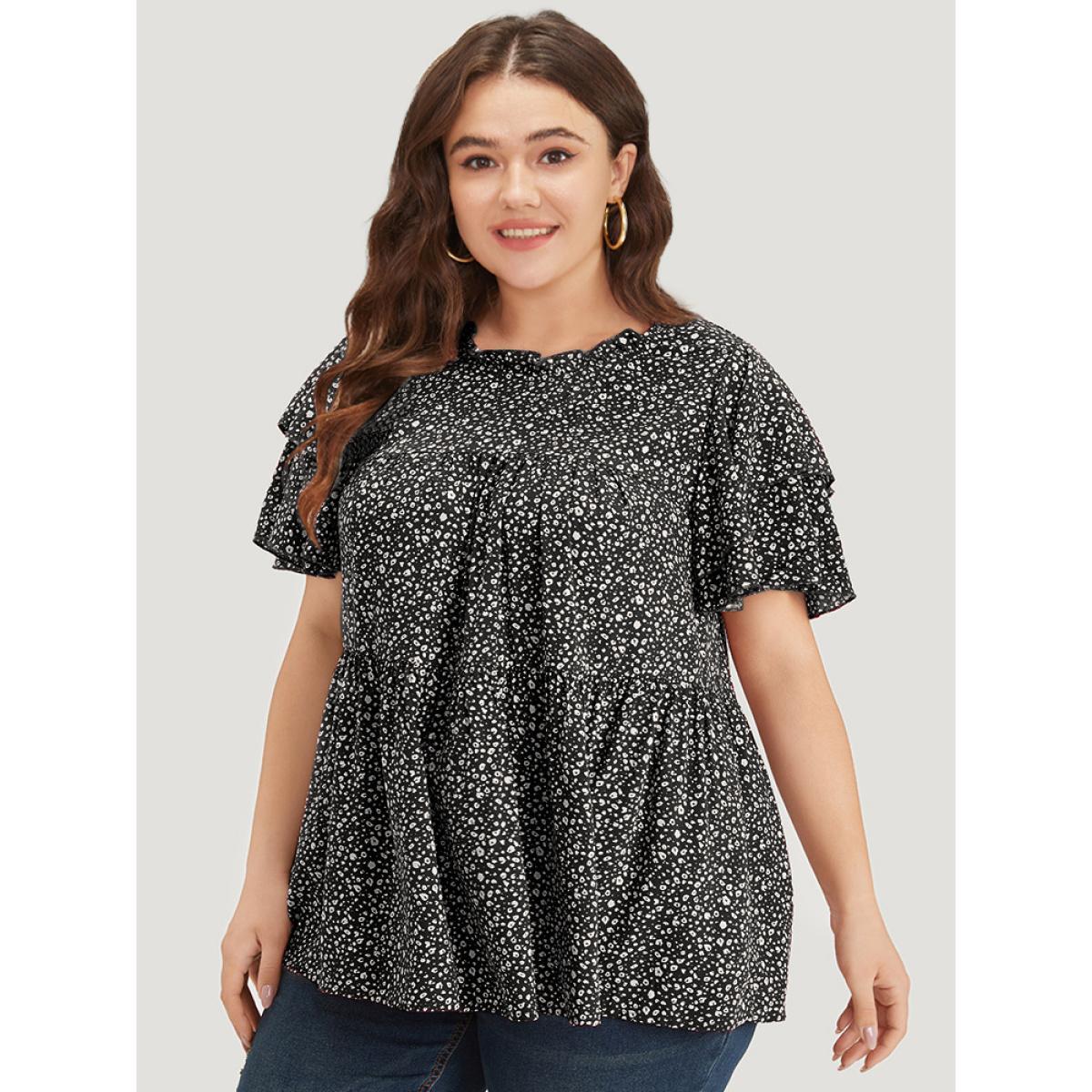 Plus Size Black Leopard Print Frill Trim Ruffle Layered Sleeve Blouse Women Elegant Short sleeve Stand-up collar Dailywear Blouses BloomChic 14-16/1X Product Image