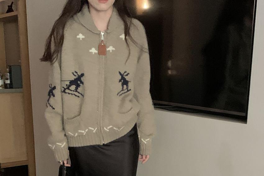 Shawl Collar Jacquard Zip-Up Cardigan Product Image