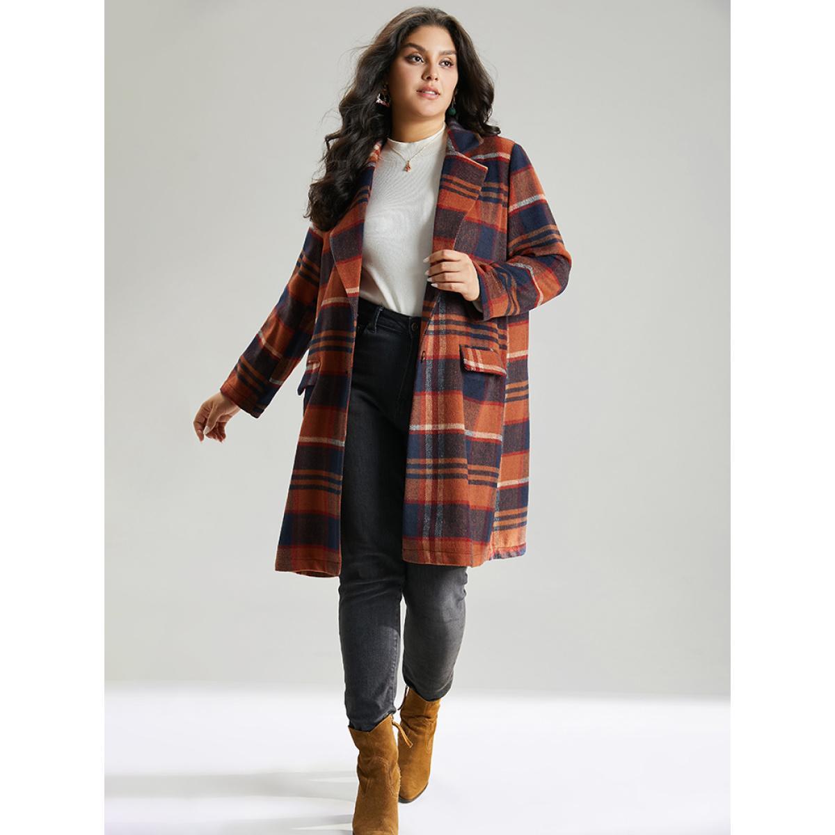 Plus Size Lapel Collar Plaid Pocket Button Up Coat Women OrangeRed Casual Contrast Ladies Dailywear Winter Coats BloomChic 12/L Product Image