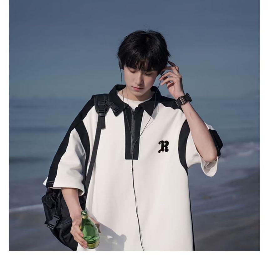 Elbow-Sleeve Collar Lettering Half-Zip Polo Shirt Product Image