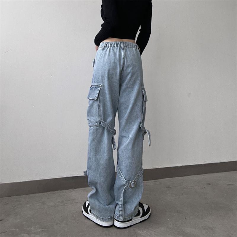 Mid Waist Washed Buckled Zipped Loose Fit Cargo Jeans Product Image