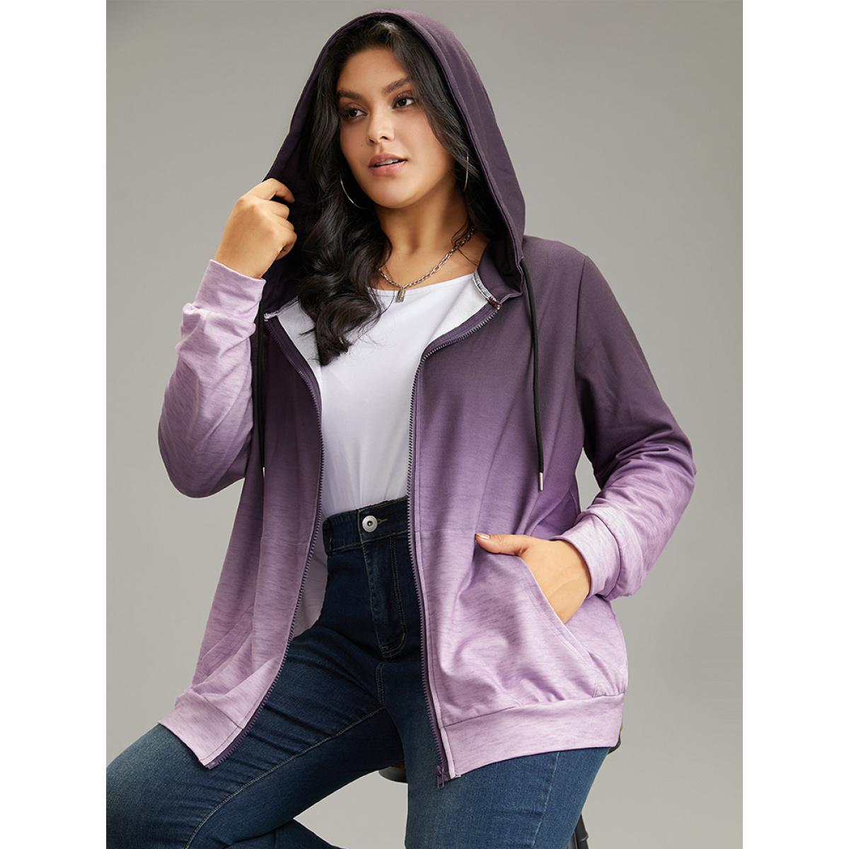 Plus Size Ombre Hooded Zipper Drawstring Sweatshirt Women Purple Casual Zipper Hooded Everyday Sweatshirts BloomChic 14-16/1X Product Image