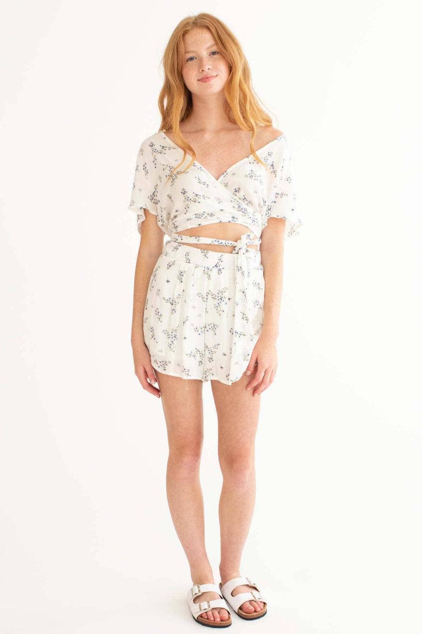 White Wrap Floral Shorts Set Product Image