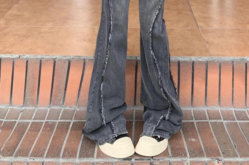 High Waist Washed Ripped Flared Jeans Product Image