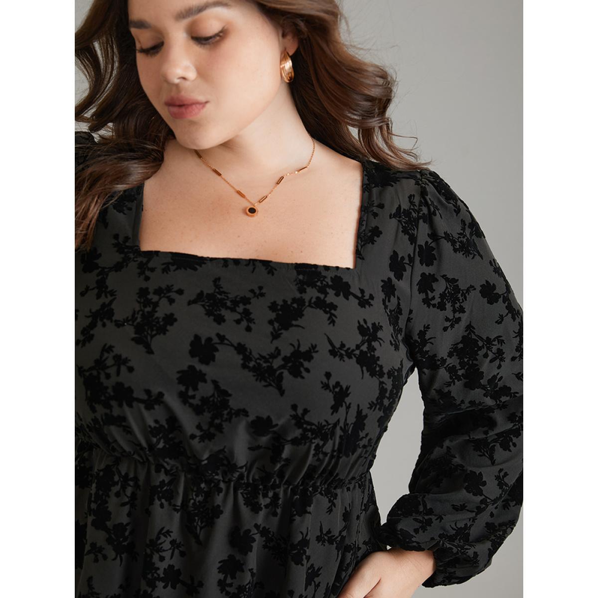 Plus Size Silhouette Floral Print Flocking Square Neck Gathered Dress Black Women Office Elastic cuffs Square Neck Long Sleeve Curvy Midi Dress BloomChic 14-16/1X Product Image