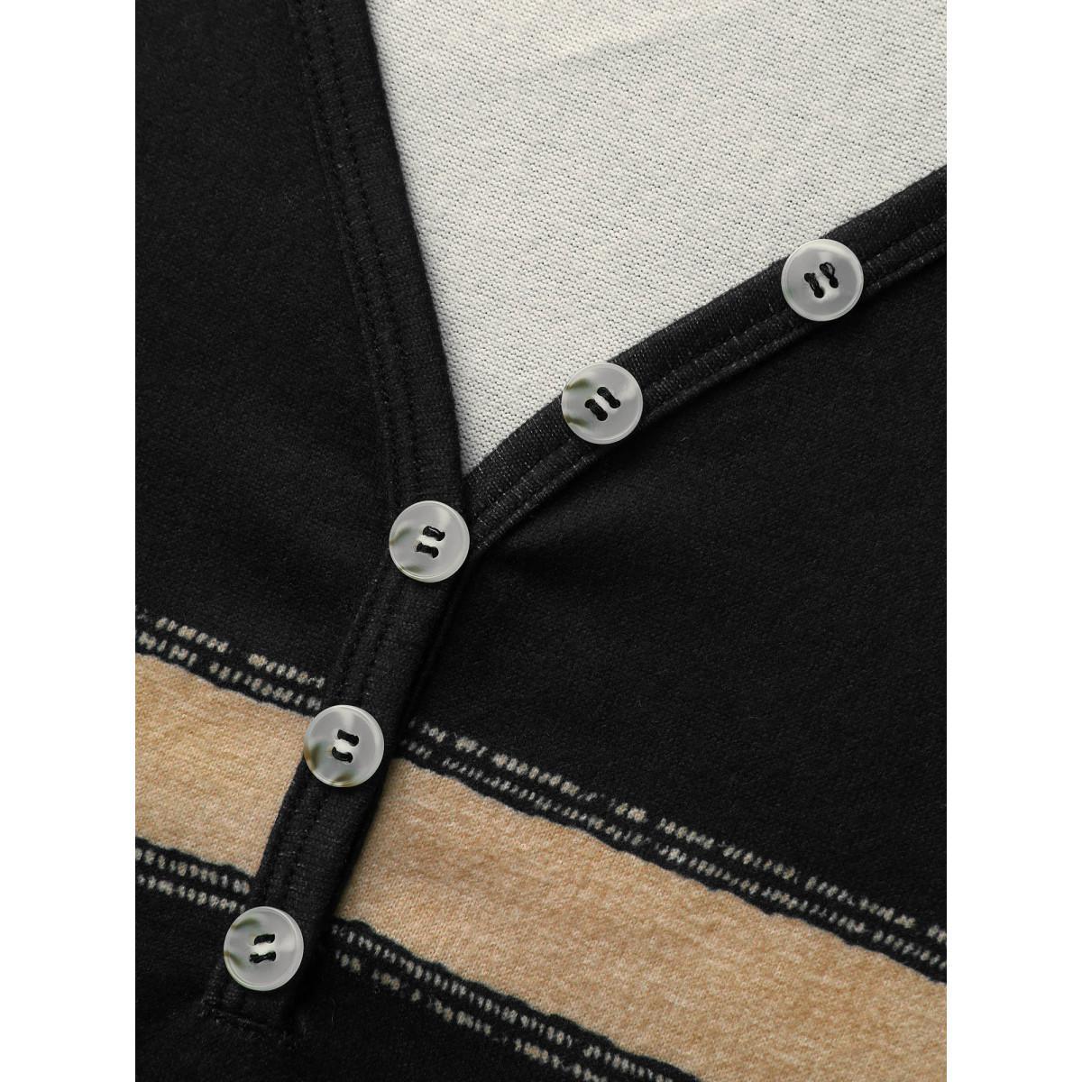 Plus Size Contrast Striped Button Detail T-shirt Black Women Casual Button V-neck Everyday T-shirts BloomChic 28/5X Product Image