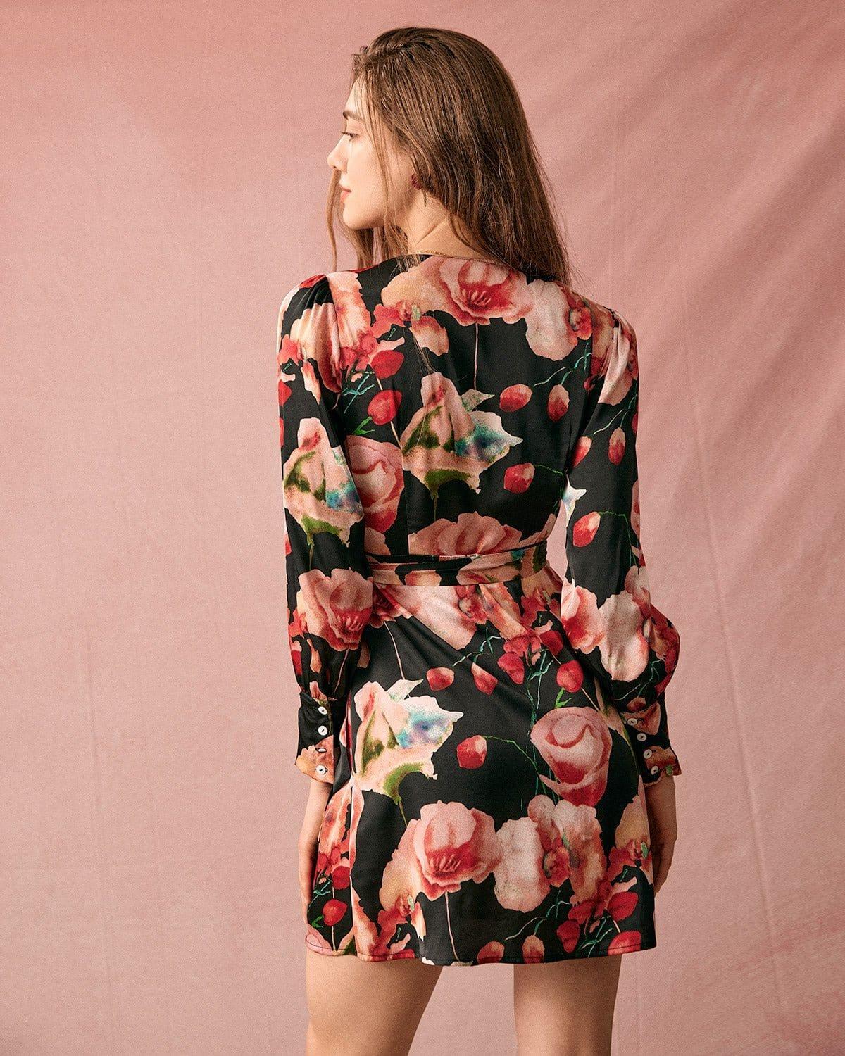 The V Neck Long Sleeve Floral Wrap Mini Dress Product Image