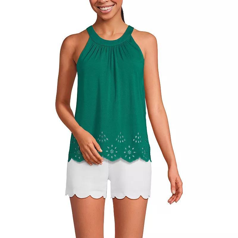 Women's Lands' End Eyelet Trimmed Flowy Pleated High Neck Tank Top, Size: Medium, Black Product Image