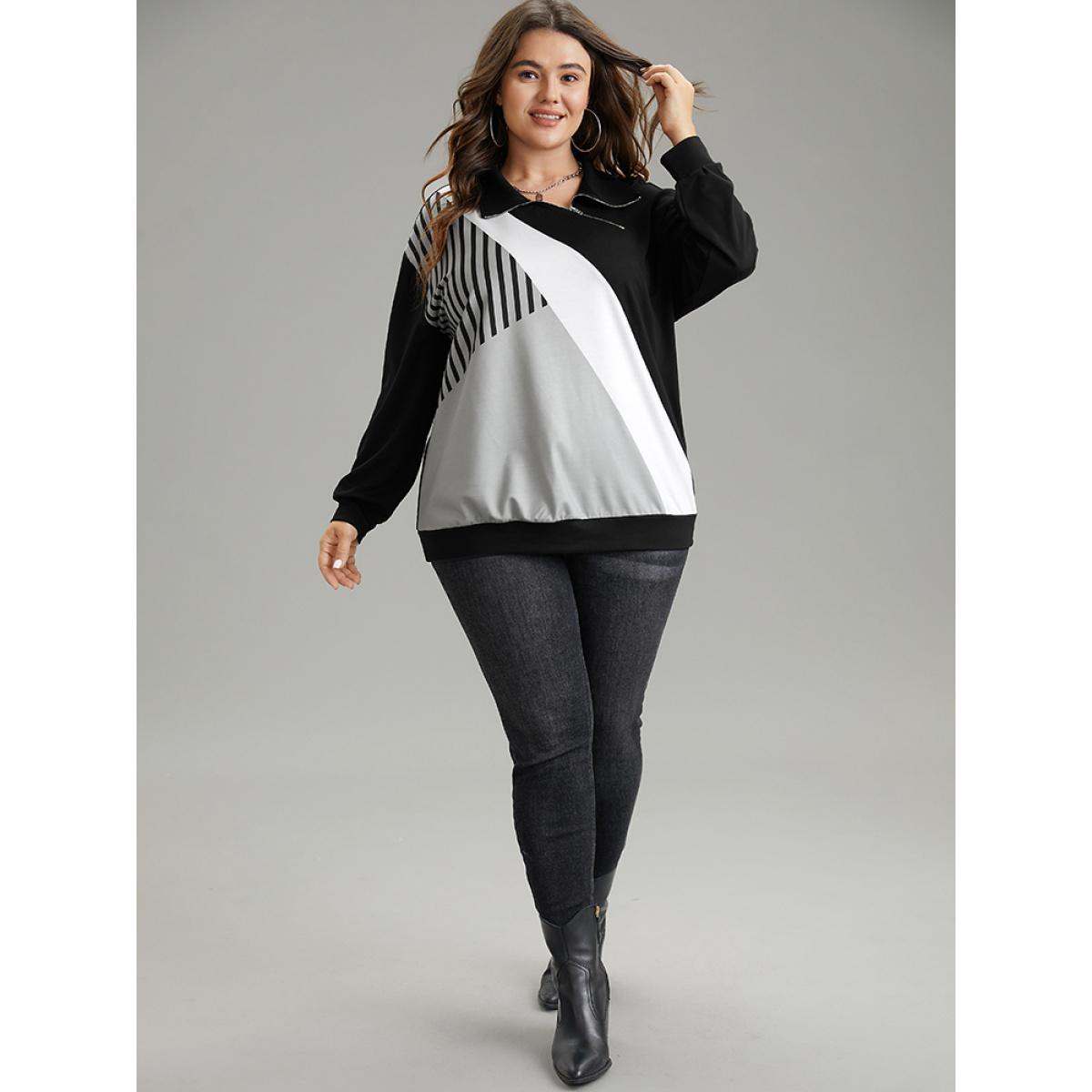 Plus Size Zipper Striped Contrast Polo Neck Sweatshirt Women Black Casual Contrast Polo Dailywear Sweatshirts BloomChic 28/5X Product Image