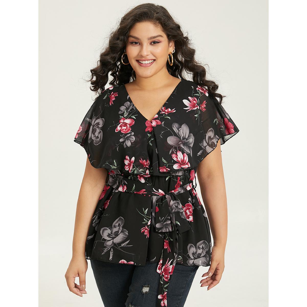 Plus Size Black Floral Split Batwing Sleeve Wrap Mesh Belted Blouse Women Glamour Cap Sleeve Deep V-neck Going out Blouses BloomChic 14-16/1X Product Image