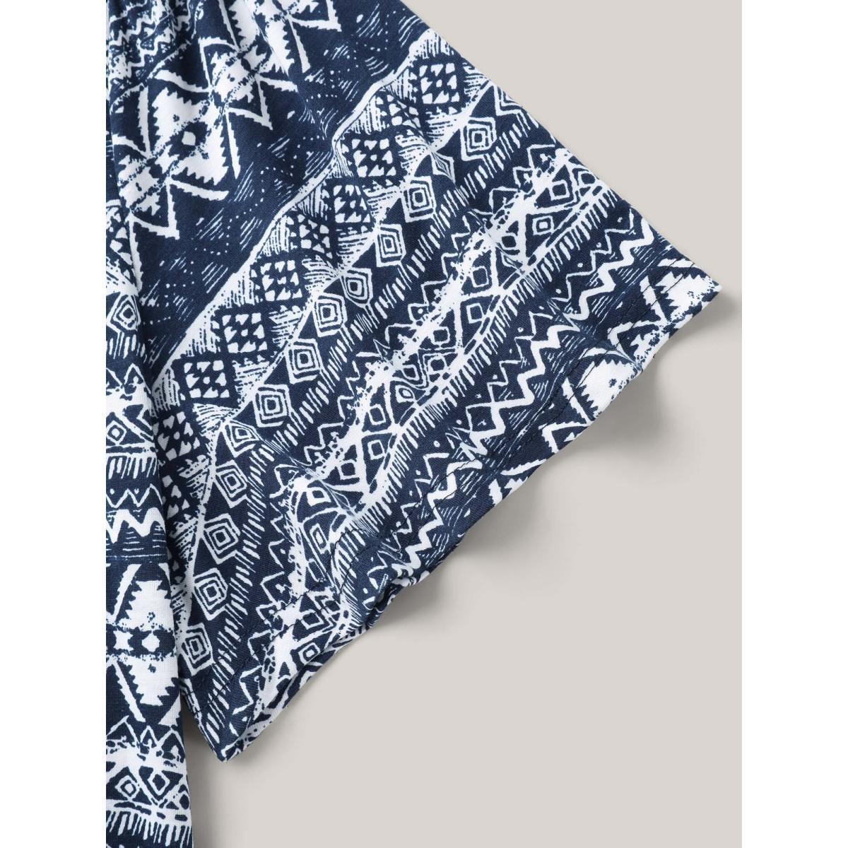 Plus Size Boho Print Square Neck T-Shirt Indigo Women Gathered Square Neck Everyday-Casual T-shirts BloomChic 12/L Product Image
