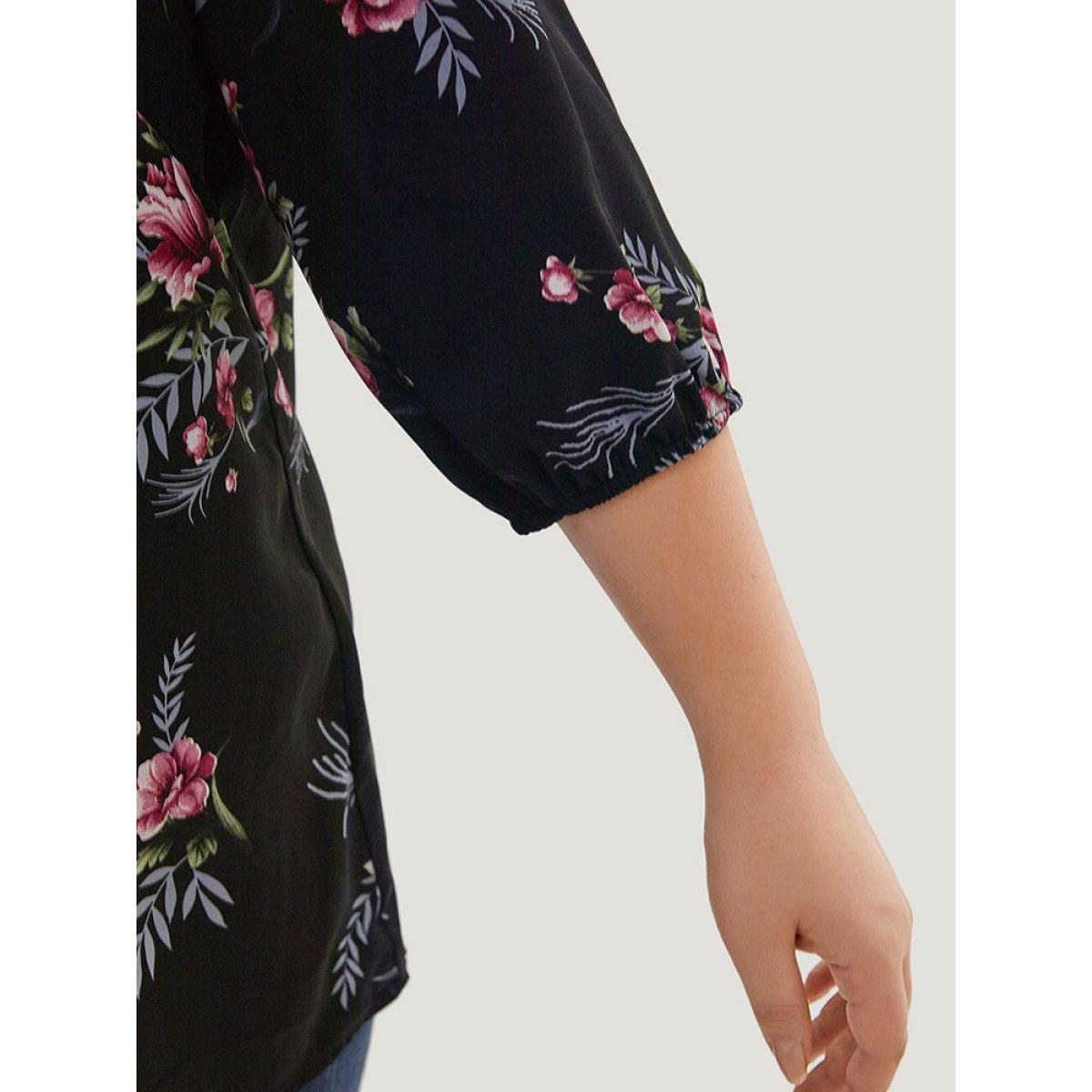 Plus Size Black Floral Print Lace Up Lantern Sleeve Blouse Women Elegant Half Sleeve V-neck Dailywear Blouses BloomChic 10/M Product Image