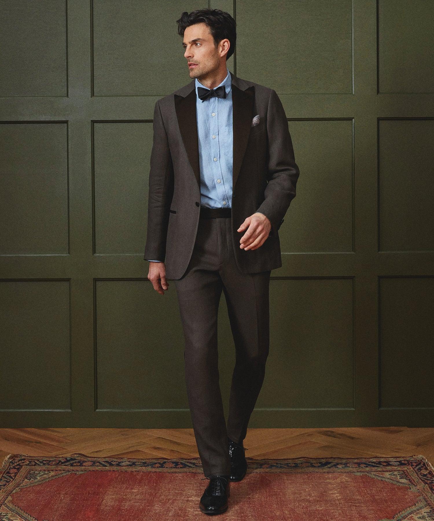 Italian Linen Peak Lapel Tuxedo Jacket in Brown Product Image