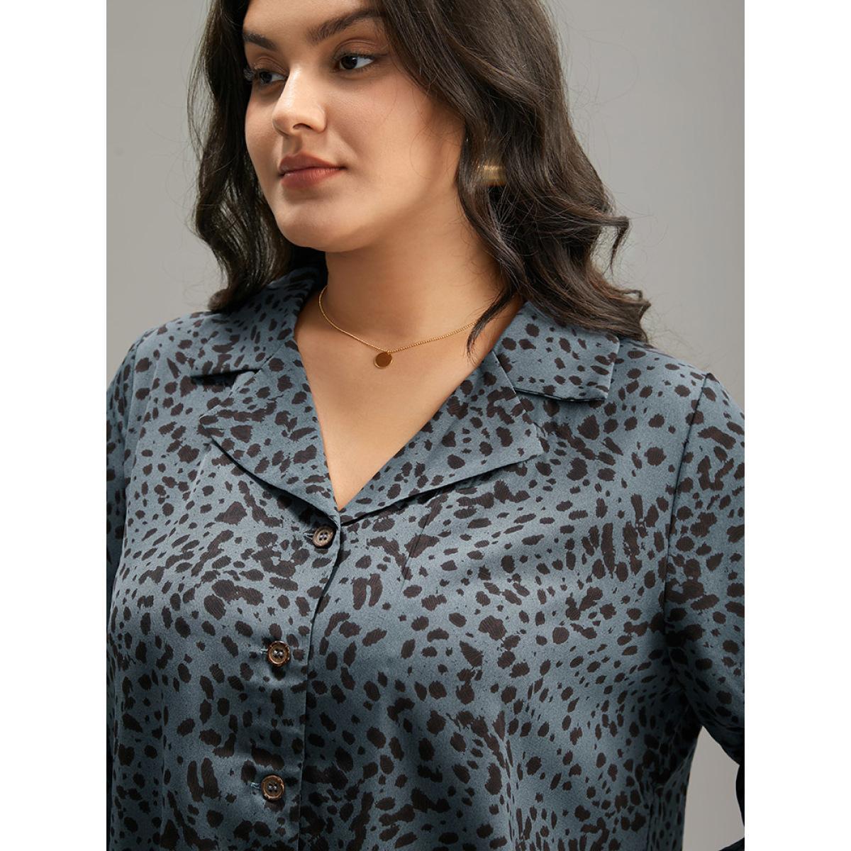 Plus Size Stone Leopard Suit Collar Elastic Cuffs Button Through Blouse Women Office Elbow-length sleeve Suit Collar Work Blouses BloomChic 28/5X Product Image