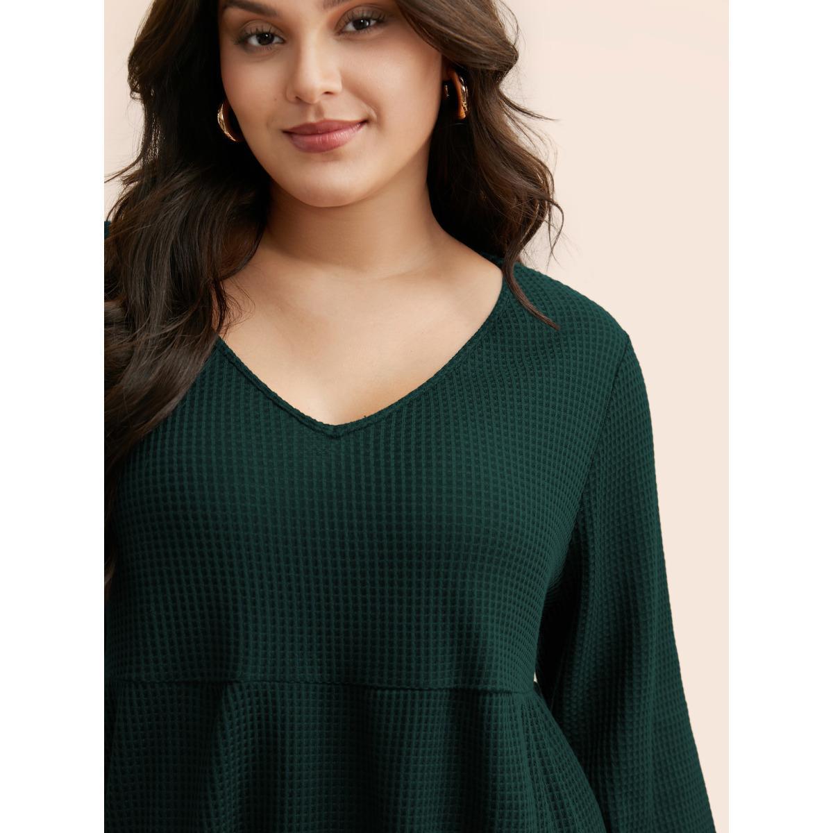 Plus Size Solid Waffle Knit Ruffle Hem T-shirt DarkGreen Women Casual Texture V-neck Everyday T-shirts BloomChic 18-20/2X Product Image