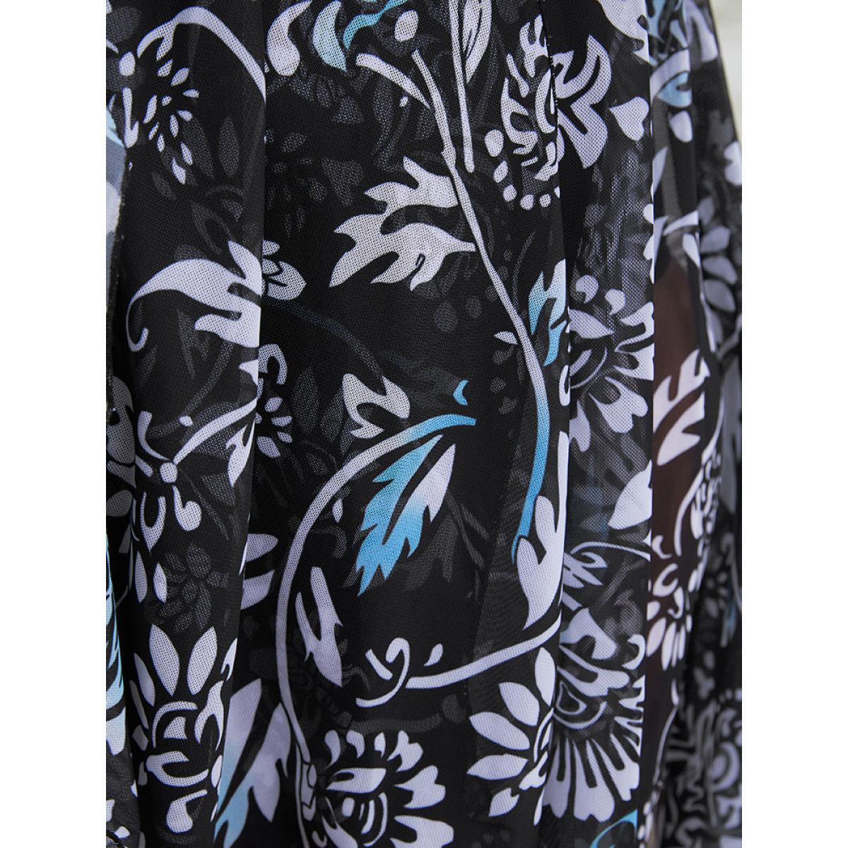 Plus Size Floral Patchwork Gathered Adjustable Straps Swim Dress Women's Swimwear BlackFlower Vacation Bodycon V-neck High stretch Curve Swim Dresses BloomChic 10/M Product Image