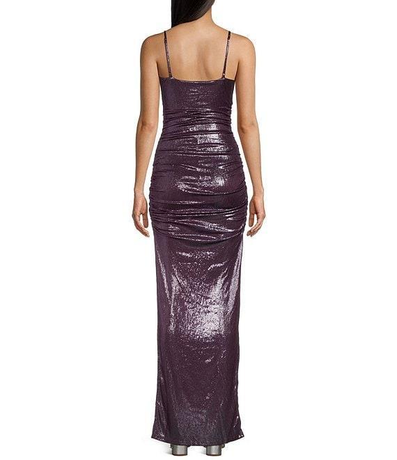 Honey and Rosie Spaghetti Strap Cowl Neck Shirred Fitted Gown Product Image