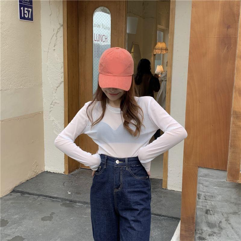 Long-Sleeve Crew Neck Plain Mesh Slim Fit T-Shirt Product Image