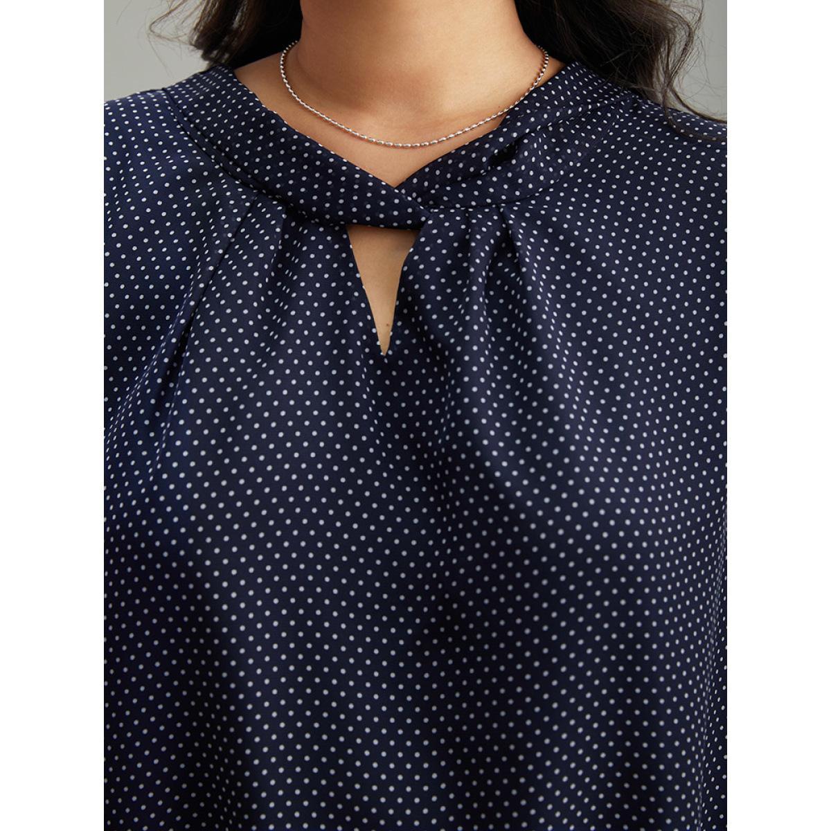 Plus Size Indigo Chiffon Polka Dot Mesh Keyhole Twist Front Blouse Women Office Elbow-length sleeve Round Neck Work Blouses BloomChic 18-20/2X Product Image