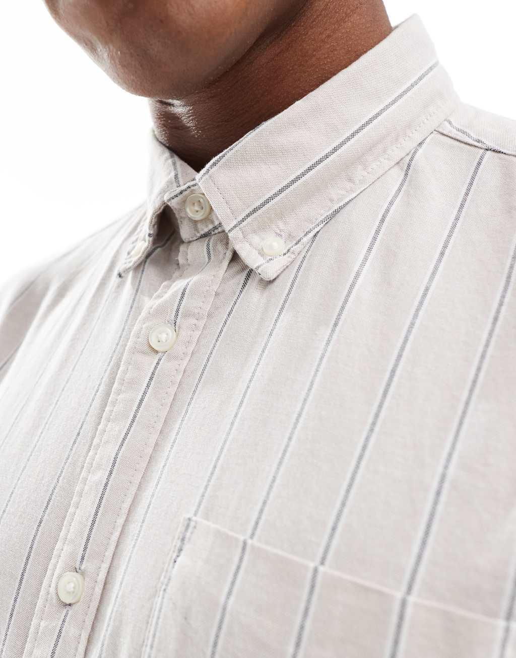 Jack & Jones stripe oxford shirt in beige Product Image