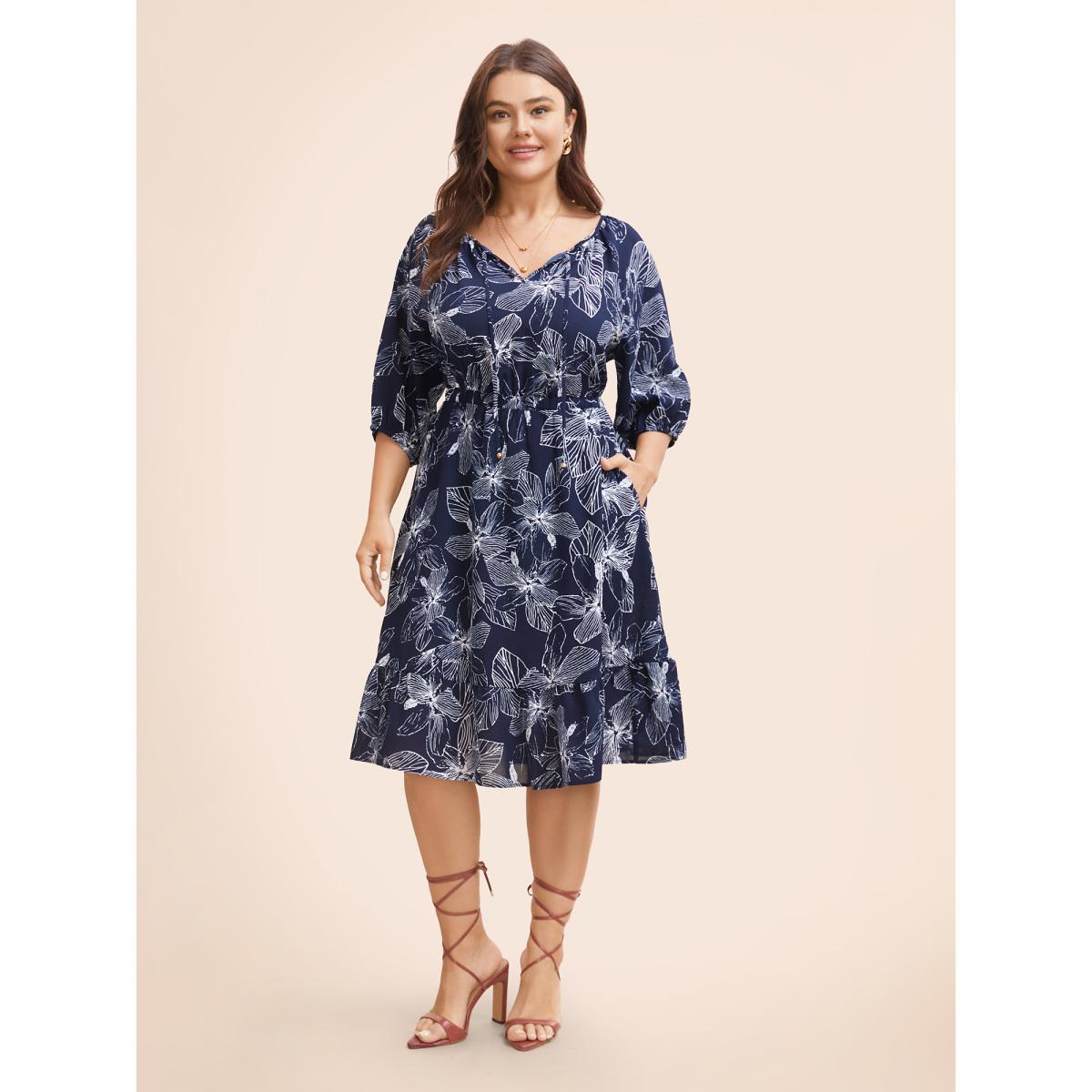 Plus Size Silhouette Floral Print Tie Knot Dress Navy Women Elegant Tie knot V-neck Elbow-length sleeve Curvy BloomChic 22-24/3X Product Image