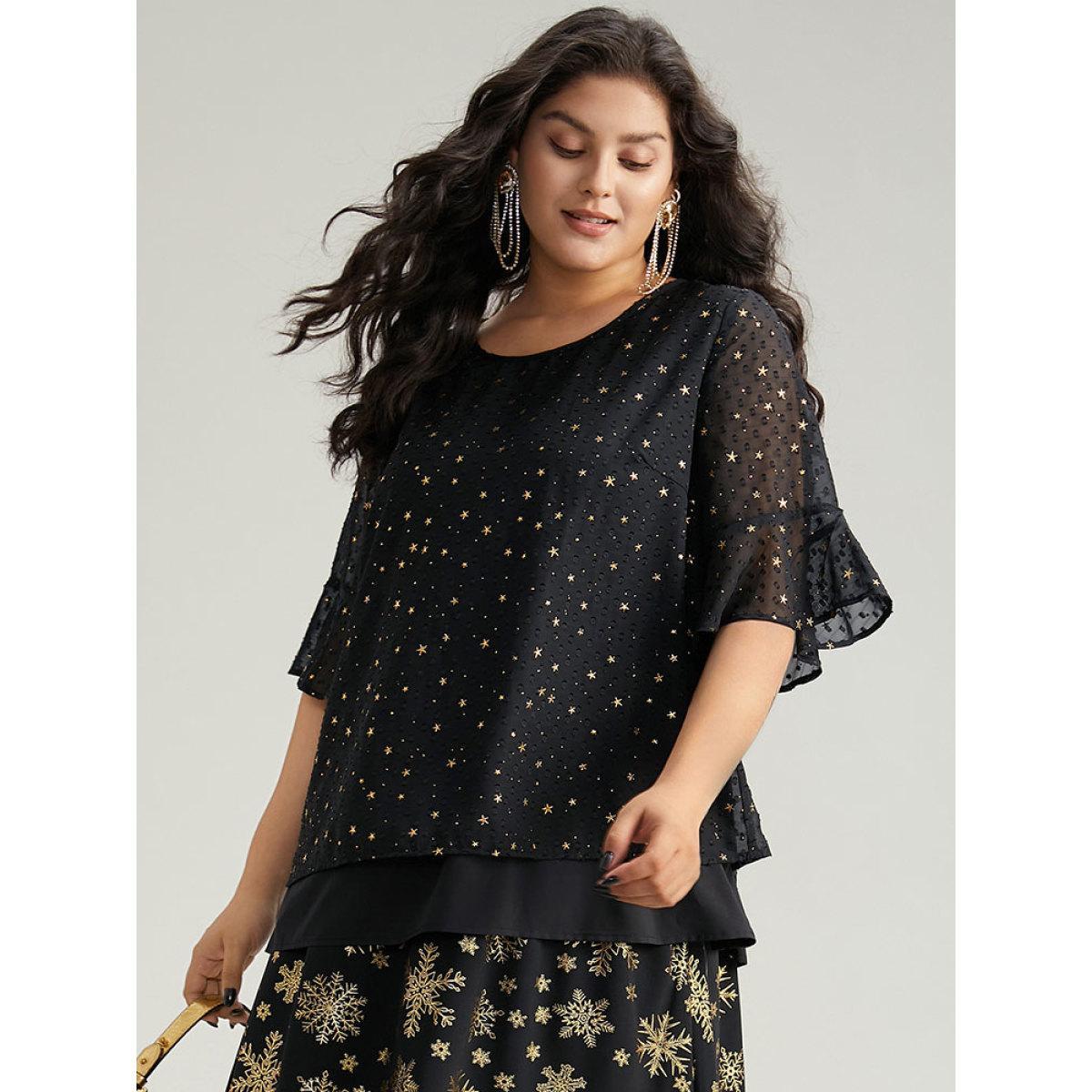 Plus Size Black Star Glitter Flutter Sleeve Mesh Blouse Women Glamour Half Sleeve Round Neck Festival-Christmas Blouses BloomChic 22-24/3X Product Image