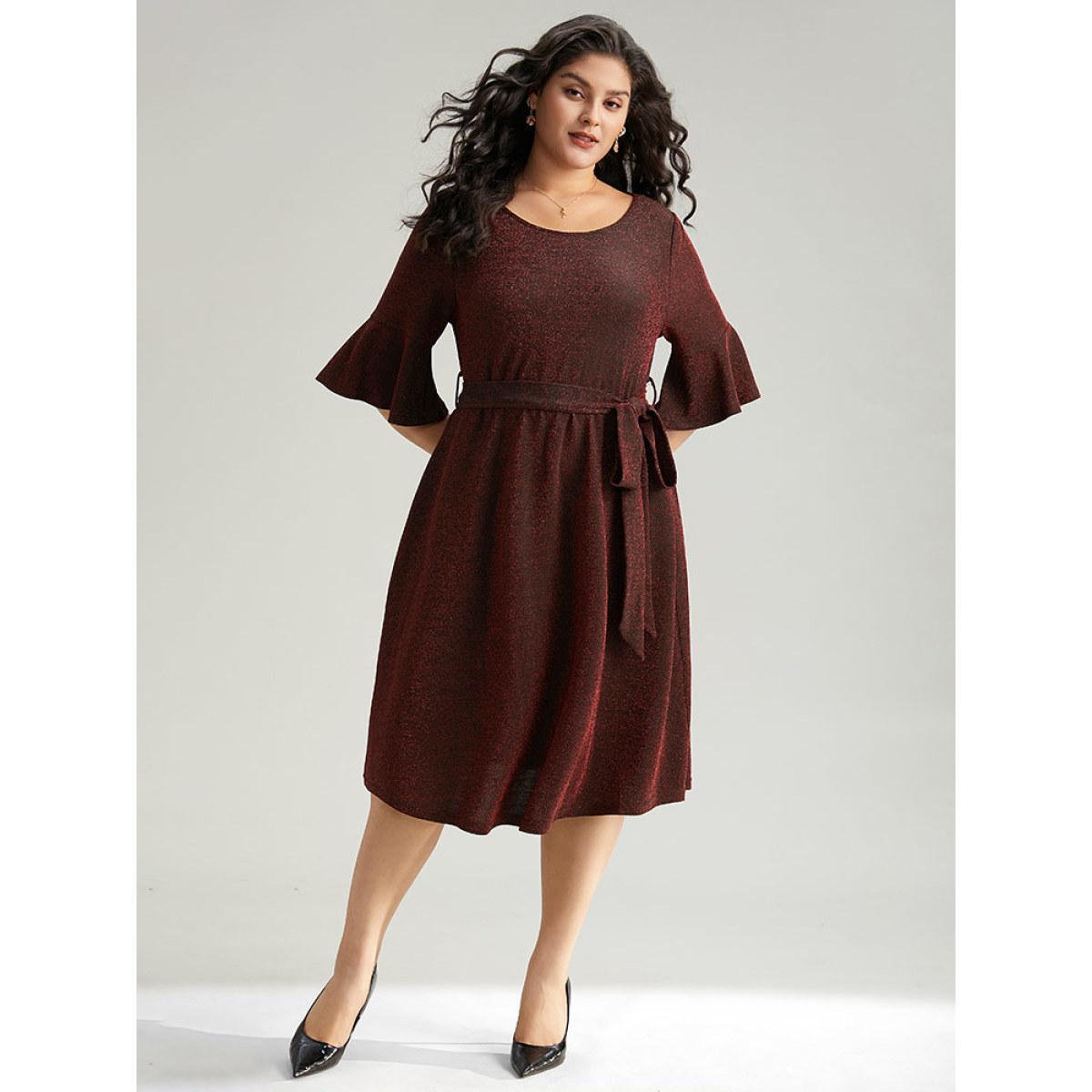 Plus Size Lurex Belted Flutter Sleeve Dress Raspberry Women Elegant Plain Round Neck Elbow-length sleeve Curvy Midi Dress BloomChic 22-24/3X Product Image