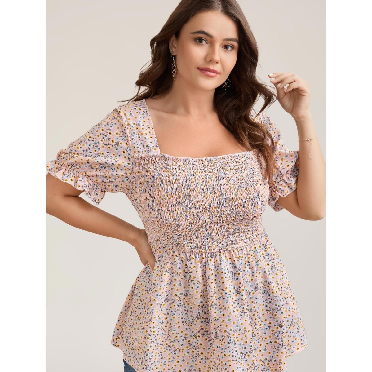 Plus Size MistyRose Floral Print Shirred Bodice Peplum Top Women Elegant Short sleeve Square Neck Everyday Blouses BloomChic 14-16/1X Product Image