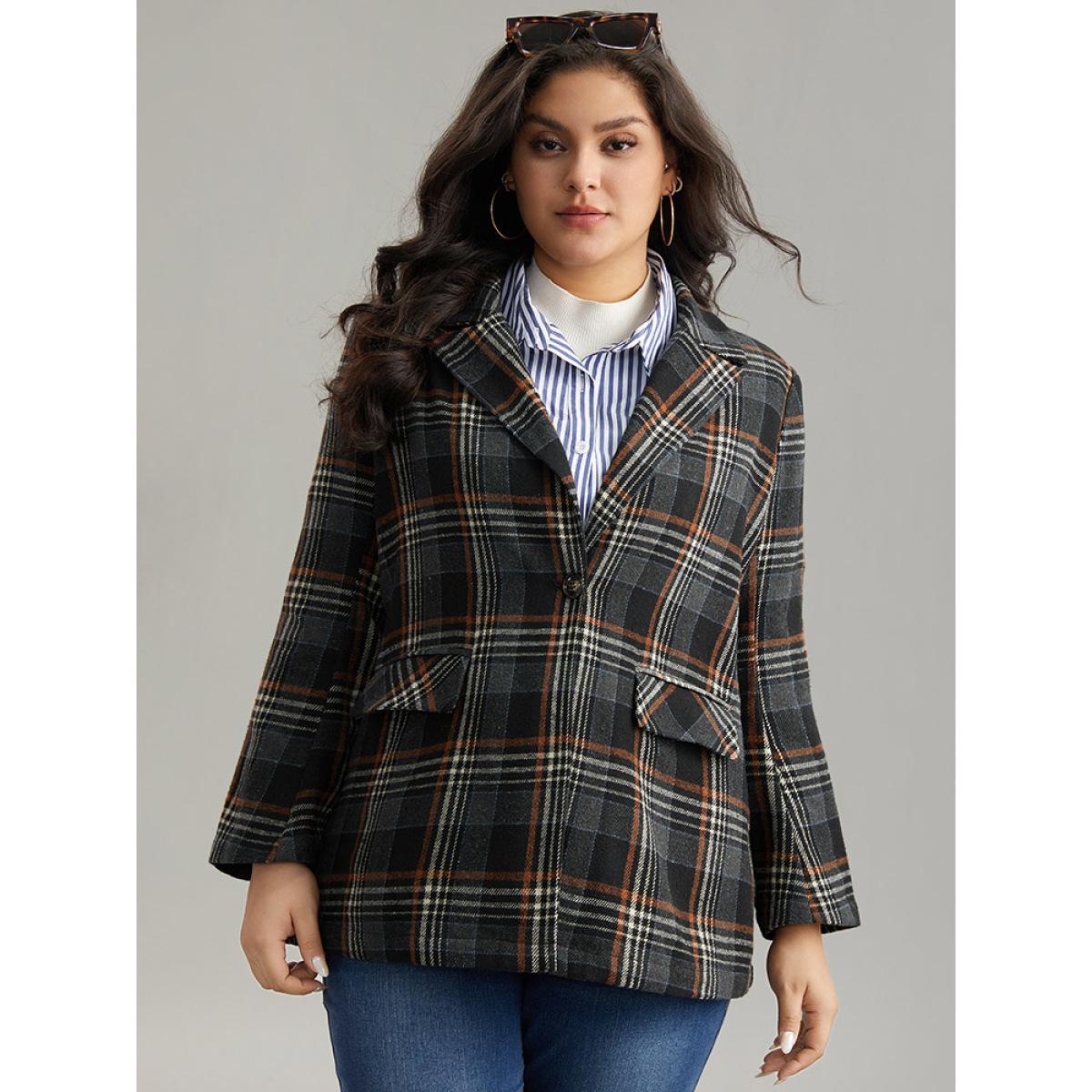 Plus Size Plaid Contrast Pocket Button Up Blazer Women Black Casual Contrast Ladies Dailywear Winter Coats BloomChic 22-24/3X Product Image