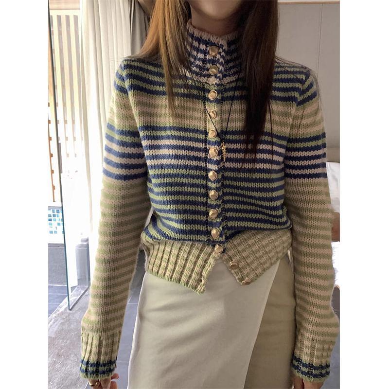 Collared Striped Button-Up Cardigan Product Image