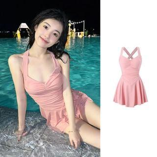 Sleeveless V-Neck Plain Ruched Swimdress Product Image