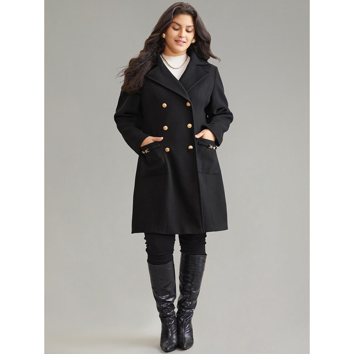 Plus Size Lapel Collar Pocket Chain Buckle Detail Coat Women Black Casual Lined Ladies Dailywear Winter Coats BloomChic 22-24/3X Product Image